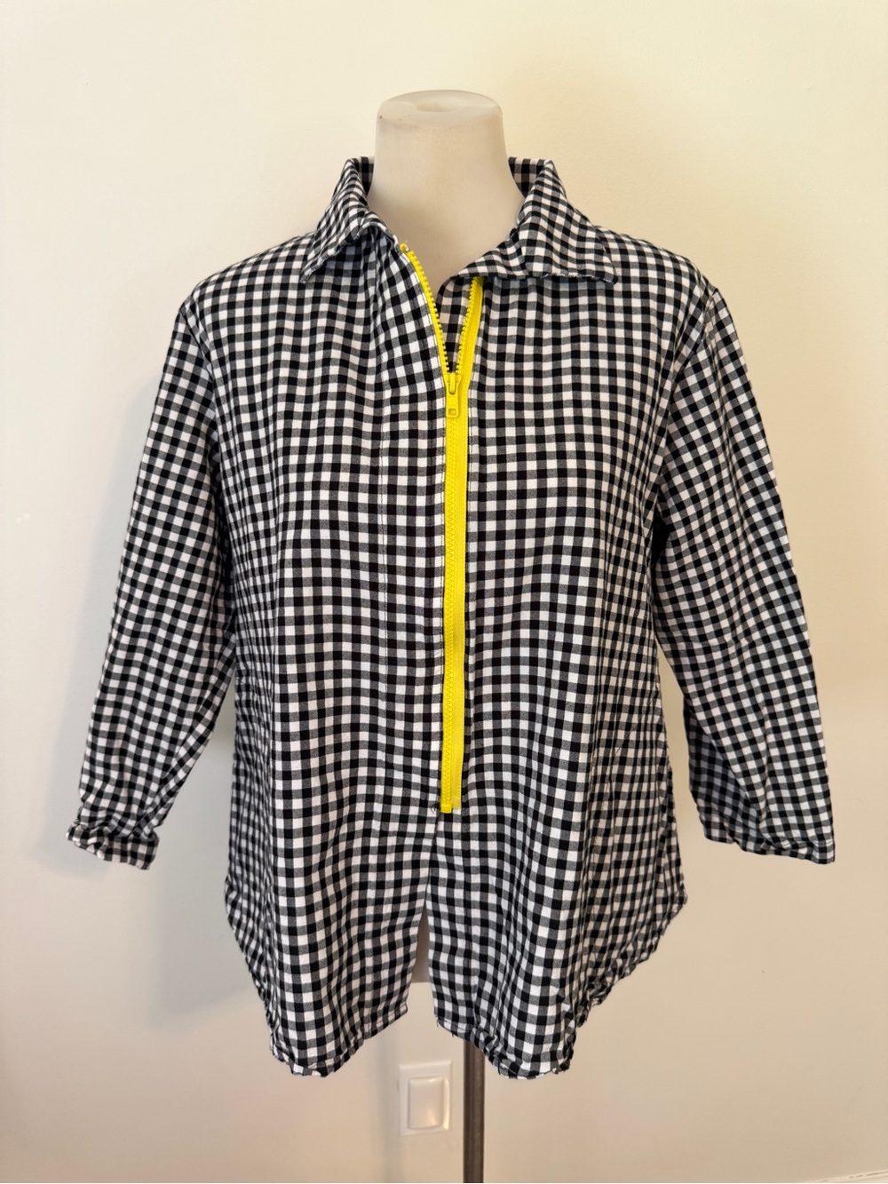 Vitamin XL Gingham Zip Front Tunic Shirt Black White Funky Artsy Top Yellow